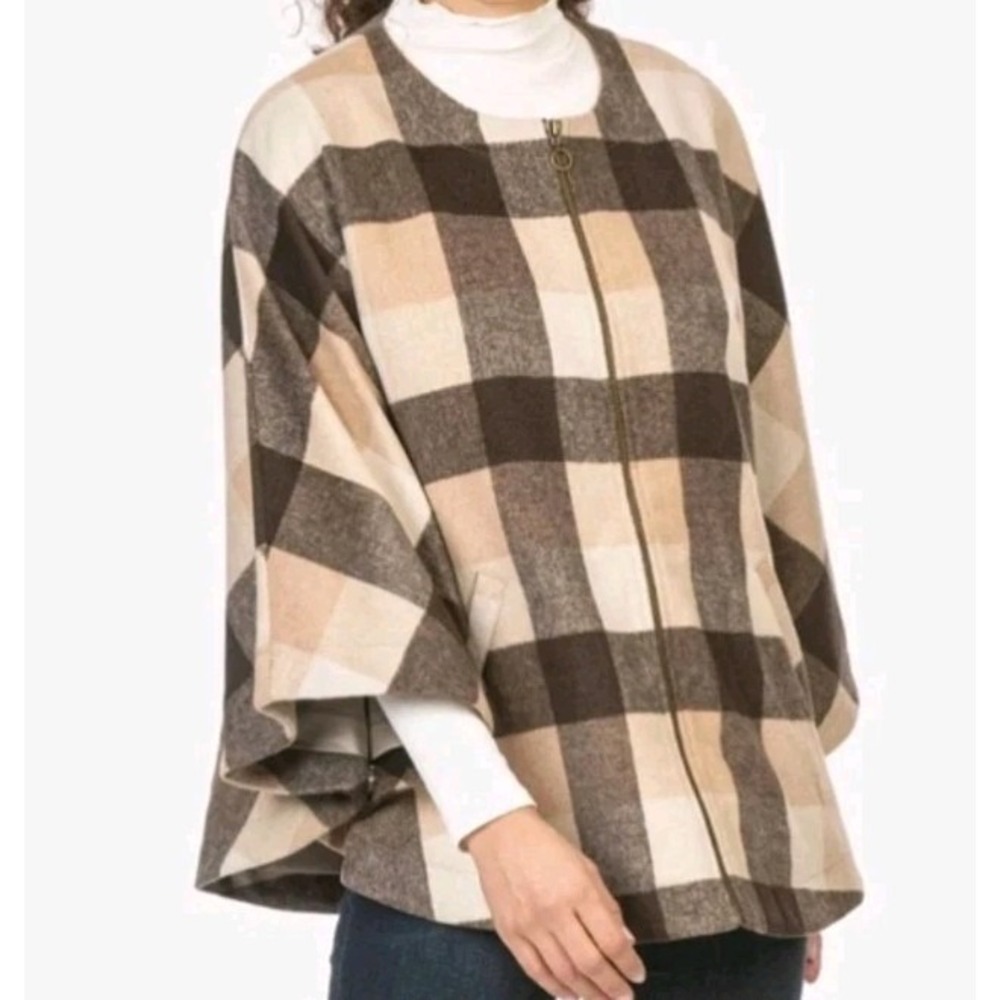 Lilla P‎ Plaid Outerwear Zip Front Wool blend Cape OS fits most Winter Holiday